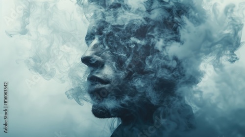 A man's face is obscured by smoke, creating a sense of mystery and unease