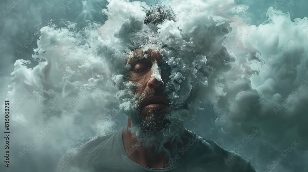 A man's face is covered in smoke A man's face is covered in smoke