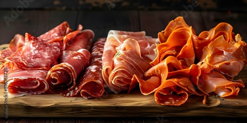 Italian Deli Meats: Elevating Your Charcuterie Board. Concept Prosciutto, Salami, Mortadella, Coppa, Culatello photo