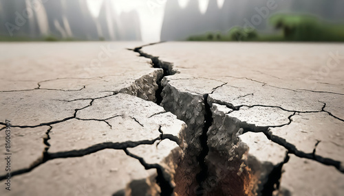 A large crack in the ground with a mountain in the background. The crack is deep and wide, and the mountain in the background is tall and majestic. Concept of awe and wonder at the power of nature photo