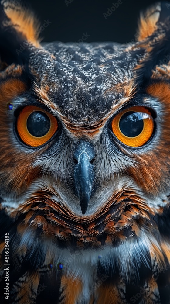 Owl headshot with closeup of face created by ai Owl headshot with closeup of face created by ai