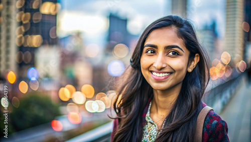 A smiling Indian woman with stylish hair walks a street, radiating urban happiness