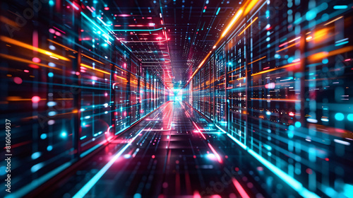Futuristic technology abstract background with lines for network  big data  data center  server  internet  speed. Abstract neon lights into digital technology tunnel. 3D render