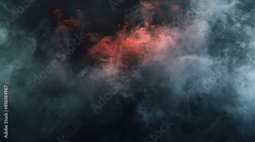 Background with dark smoke clouds in red light after explosion or natural disaster. Abstract banner for military operations, disasters, war games, ads with copy space. Battlefield under attack. © Irina