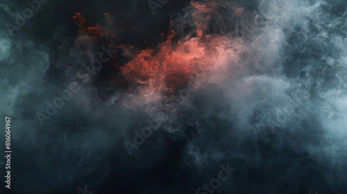 Background with dark smoke clouds in red light after explosion or natural disaster. Abstract banner for military operations, disasters, war games, ads with copy space. Battlefield under attack.