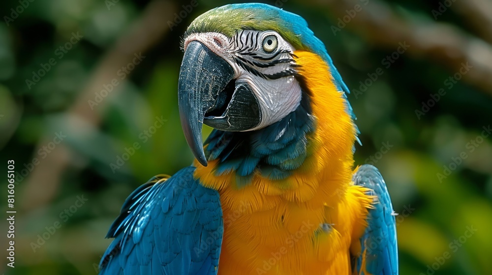 A tight shot of a blue-and-yellow parrot with a tree in the background behind its head A tight shot of a blue-and-yellow parrot with a tree in the background behind its head