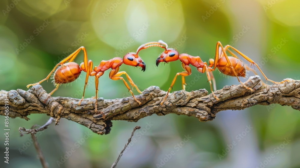 Red ants on one tree branch, a contrasting group on another Red ants on one tree branch, a contrasting group on another