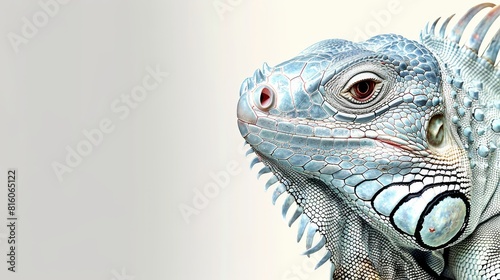  A tight shot of an iguana against a pristine white backdrop, with its head subtly softened in focus