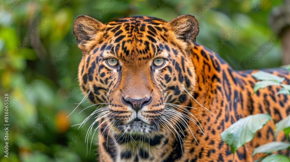  A tight shot of a tiger against a backdrop of trees and bushes, the blurred greenery of leaves forming a hazy background