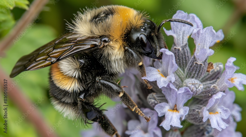 A tight shot of a bee hovering over purple flowers against a backdrop of green foliage A tight shot of a bee hovering over purple flowers against a backdrop of green foliage