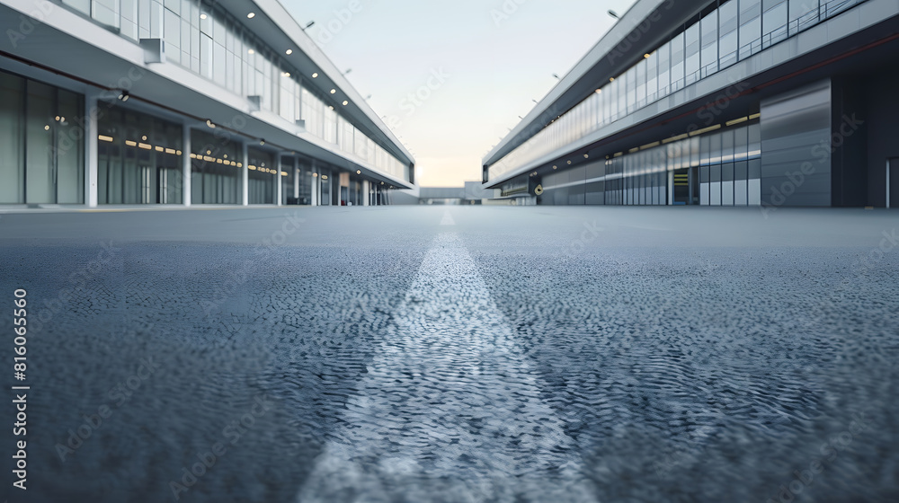 The empty asphalt road is built along modern commercial building : Generative AI The empty asphalt road is built along modern commercial building : Generative AI