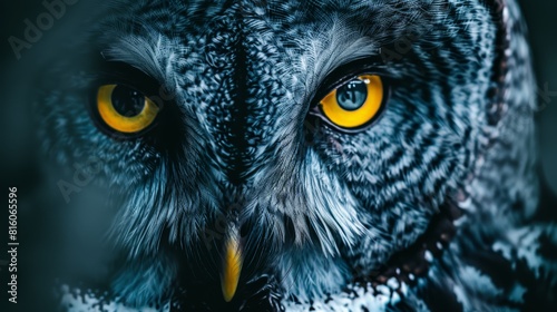 yellow eyes on a black background Blurred owl head image photo