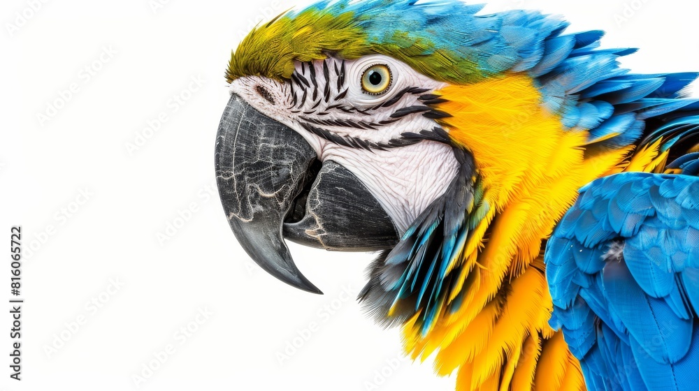  A close-up of a blue and yellow parrot against a white background, with the parrot displayed in front