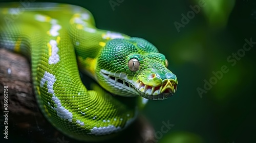  A green snake with a white stripe on its head and yellow-white stripes on its body