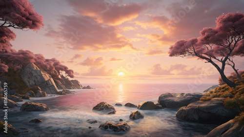 Serene Sunset at a Rocky Coastal Landscape with Blossoming Pink Trees