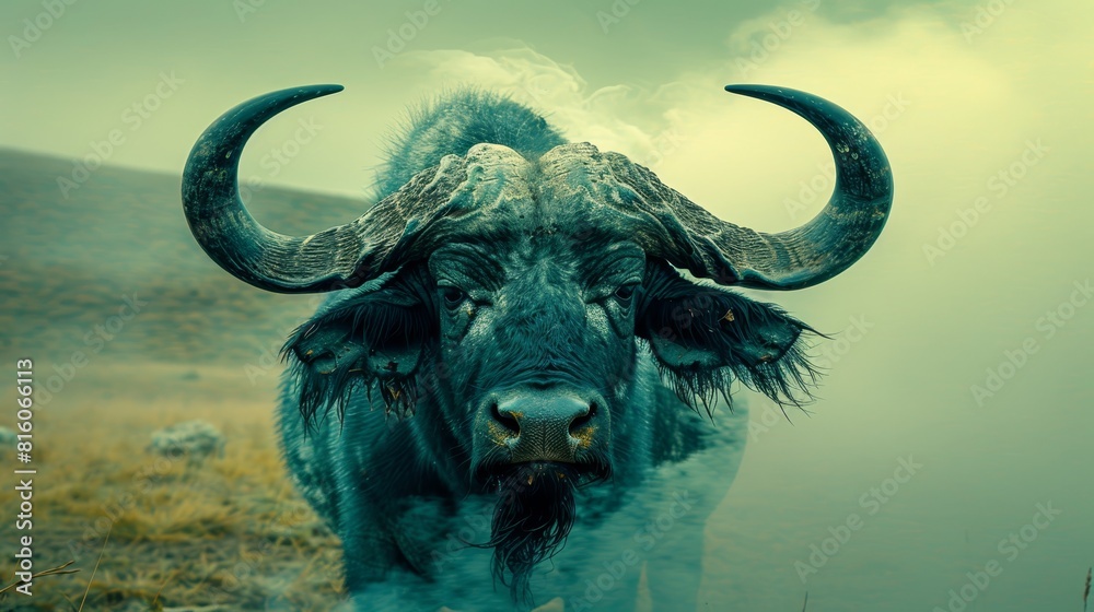 A tight shot of a bull, its massive horns prominent, amidst a foggy field In the distance, a hill looms behind A tight shot of a bull, its massive horns prominent, amidst a foggy field In the distance, a hill looms behind