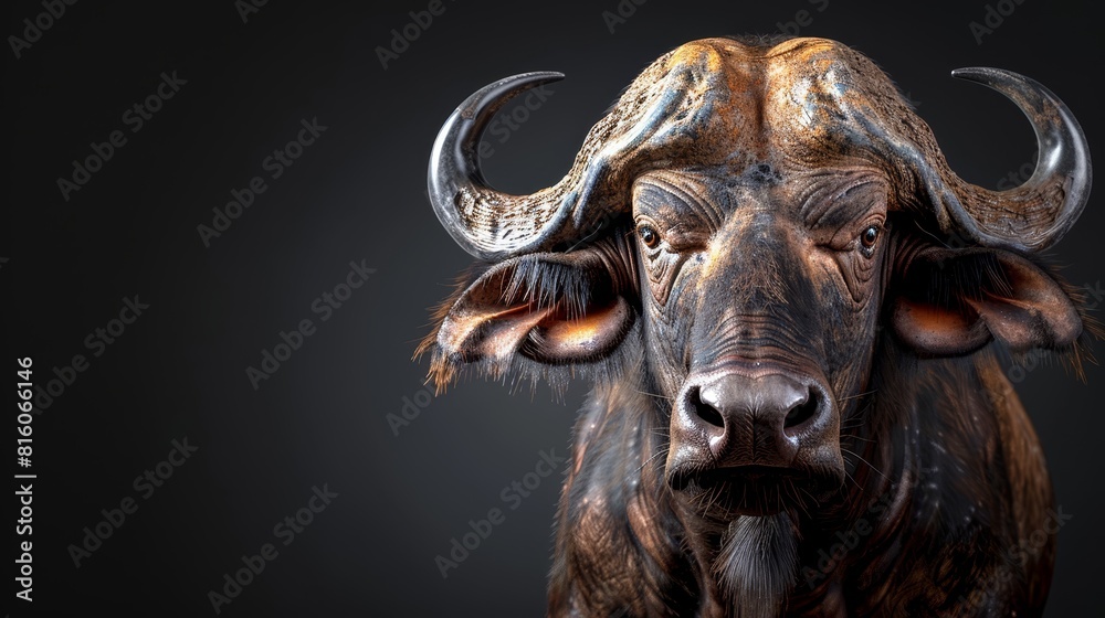 A bull's close-up head with massive horns, set against a black background A bull's close-up head with massive horns, set against a black background