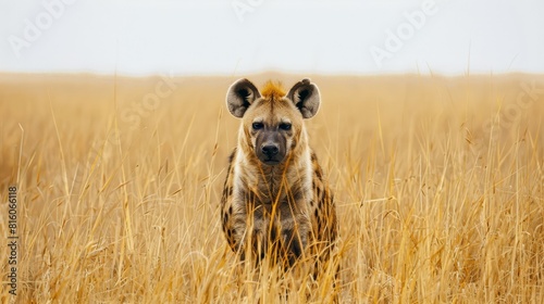  A tight shot of a hyena in a sea of towering grasses, ears erect photo