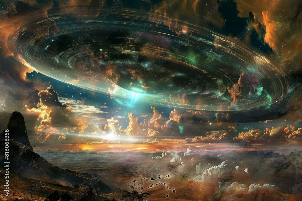 A colorful, surreal space scene with a large, glowing A colorful, surreal space scene with a large, glowing