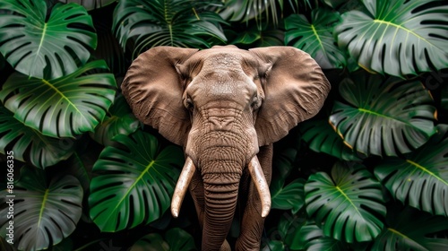  An elephant, bearing tusks, stands before a vast expanse of sun-kissed, green foliage teeming with leafy plants