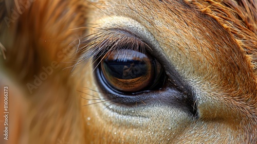  A tight shot of a horse s eyeball  set against its brown and white head in the backdrop