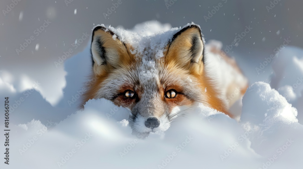 A tight shot of a fox in the snow, its face speckled with flakes, eyes bright and opened widely A tight shot of a fox in the snow, its face speckled with flakes, eyes bright and opened widely