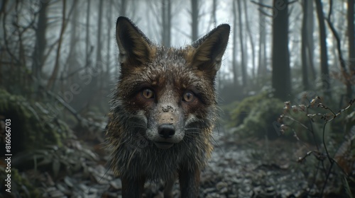  A tight shot of a fox in a forest gazing at the camera with a hazy expression