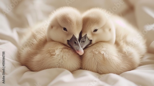  A few baby ducks atop a pile of white, blanketed sheets, huddled together photo