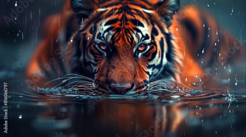  A tight shot of a tiger's head overhanging a body of water