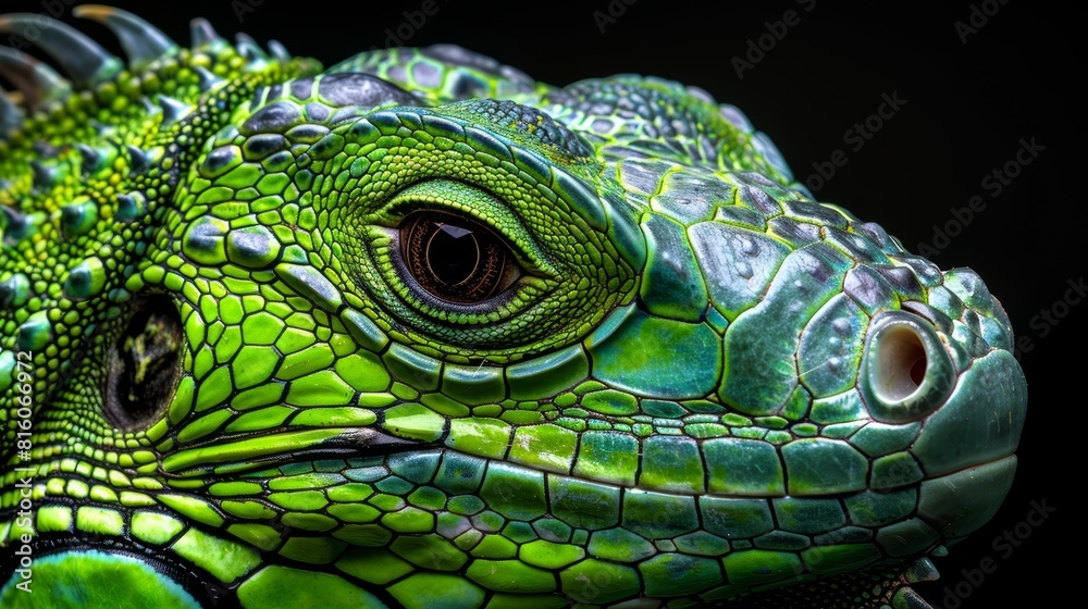 Close-up of a green iguana's head against a black backdrop, adorned with water droplets Close-up of a green iguana's head against a black backdrop, adorned with water droplets