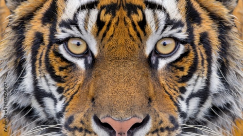  A tight shot of a tiger s face  displaying distinctive orange and black stripe patterns around its eyes