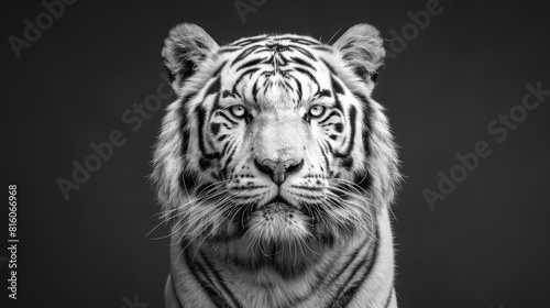  A black-and-white image of a tiger gazing into the camera with a grave expression