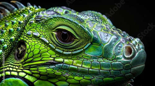  Close-up of a green iguana s head against a black backdrop  adorned with water droplets