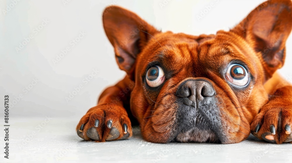 A tight shot of a dog resting, head and paws touching the ground A tight shot of a dog resting, head and paws touching the ground