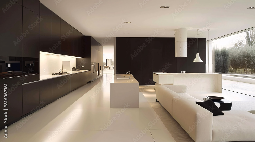 Luxury open plan living room and kitchen in white and black color, modern minimal style interior design. Luxury open plan living room and kitchen in white and black color, modern minimal style interior design.