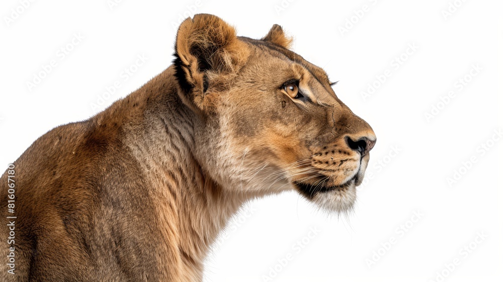A lion's face in close-up, turned to the side, against a white background A lion's face in close-up, turned to the side, against a white background