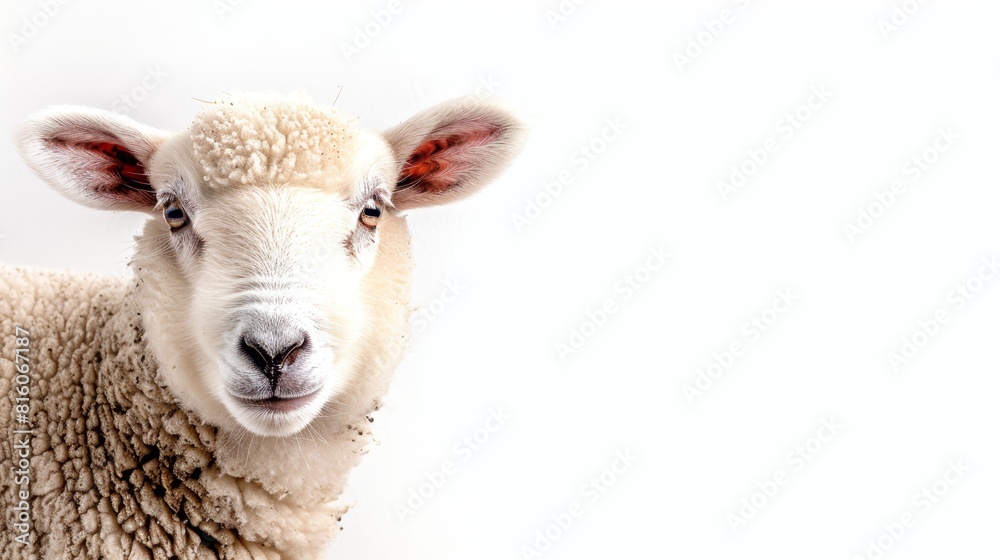 A sheep's face, tightly framed, against a pristine white backdrop A solitary red spot graces its ear A sheep's face, tightly framed, against a pristine white backdrop A solitary red spot graces its ear