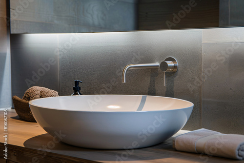 Modern bathroom with wash basin, luxury and minimal restroom interior design.