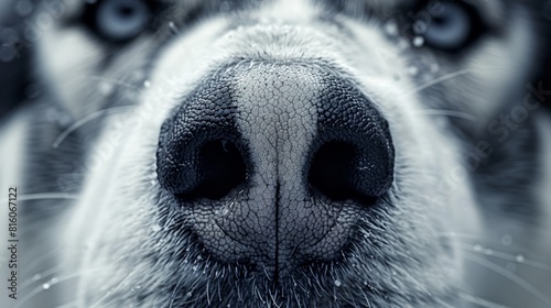  Close-up of a wet dog nose against a black-and-white backdrop Water droplets adorn the nostrils photo