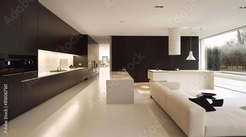 Luxury open plan living room and kitchen in white and black color  modern minimal style interior design.