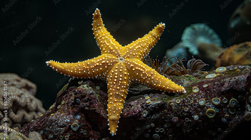 A yellow starfish perched atop a rock, near a sea anemone and various marine life A yellow starfish perched atop a rock, near a sea anemone and various marine life
