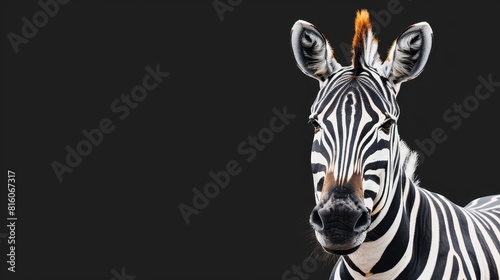  A close-up of a zebra s face against a solid black background