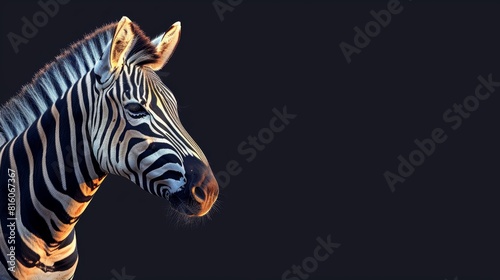  A tight shot of a zebra s head against a black backdrop  illuminated by a light source directed at its head