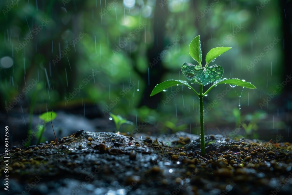 A fresh green sapling growing in rain, symbolizing renewal and growth. surrounding forest is blurred, focusing attention on young plant. Concept: Renewal and natural growth, environmental protection