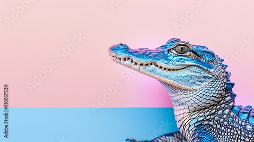  Close-up of a blue-and-white alligator against a pink-and-blue background  featuring a pink-and-blue rectangle in its depths