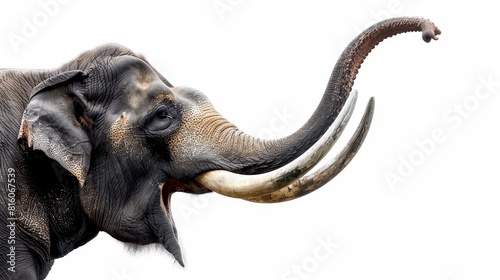  A tight shot of an elephant s head  displaying its prominent tusks curving out from its mouth