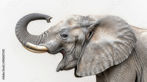  A tight shot of an elephant lifting its trunk high  mouth agape