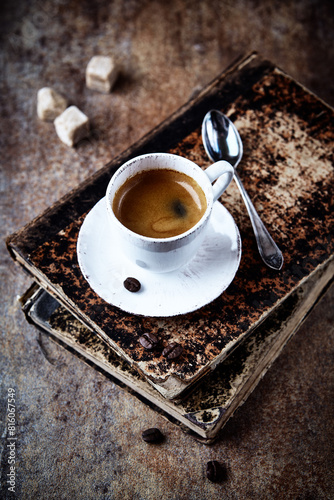 Cup of coffee on rustic stone background. Close up.