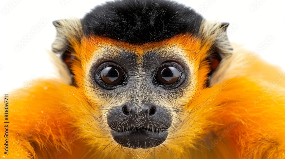 A monkey's face with a furry neck and close-up view, against a pristine white backdrop A monkey's face with a furry neck and close-up view, against a pristine white backdrop