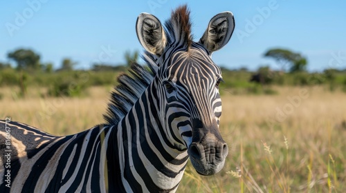  A tight shot of a zebra in a meadow filled with towering grasses Trees line the horizon  and above  a clear blue sky stretches out